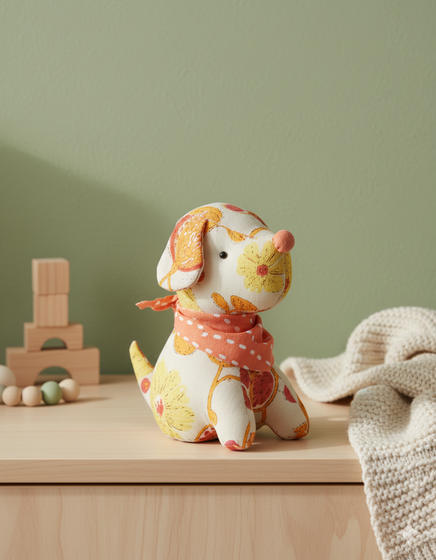 Bozo, the cream floral fabric puppy with an orange bandana